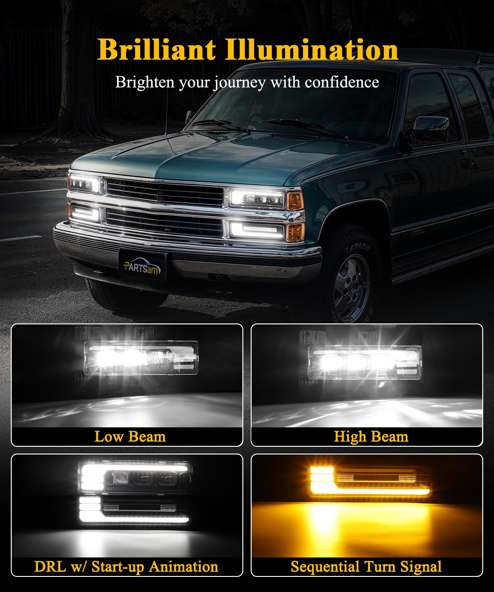 Partsam close-up of LED optics highlighting high-intensity chips and precise beam pattern