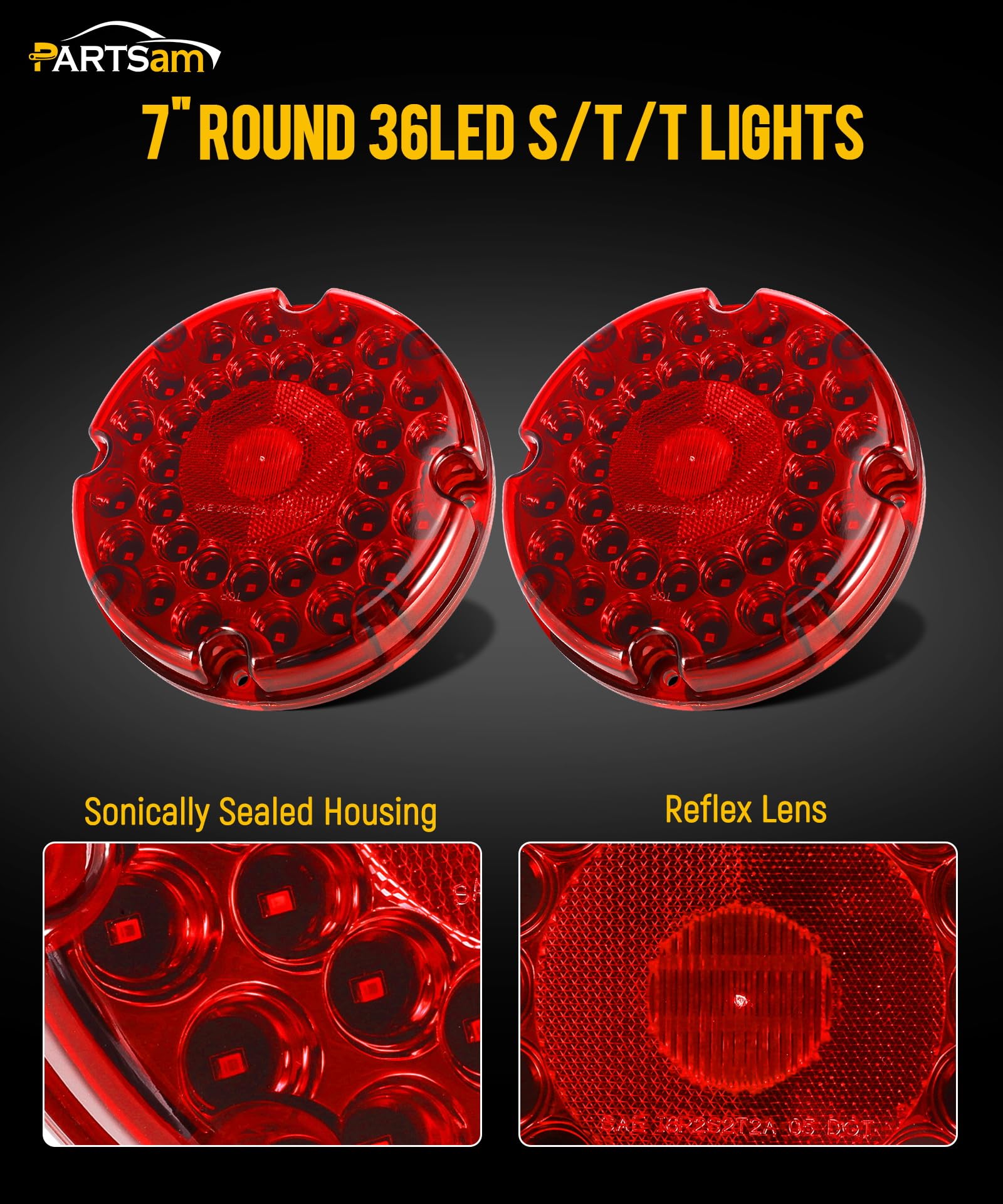 Partsam close-up of reflex lens and 36-LED array enhancing night recognition