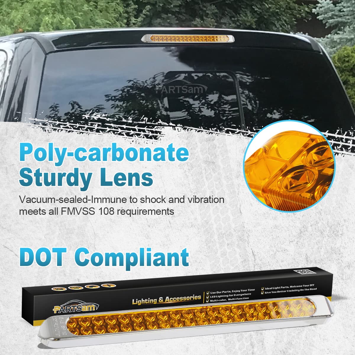 Partsam close-up chrome bezel and lens highlighting corrosion resistance