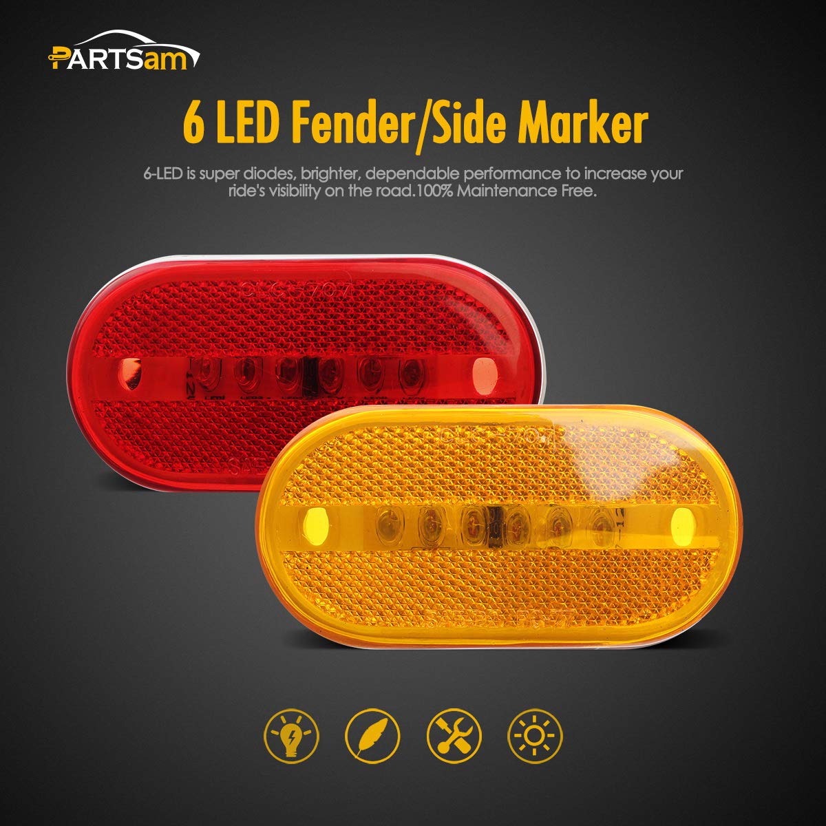 Partsam close-up of LED and snap-on lens detail, shows durable sealed design benefit