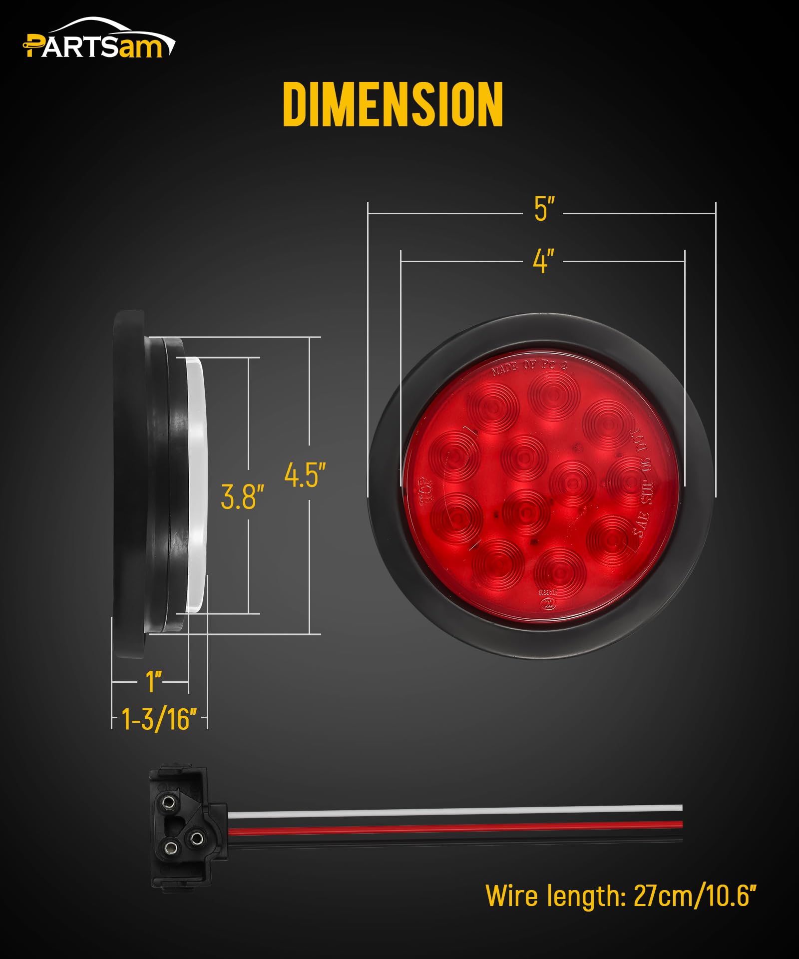 Partsam close-up of red lens and 12 LEDs highlighting bright visibility