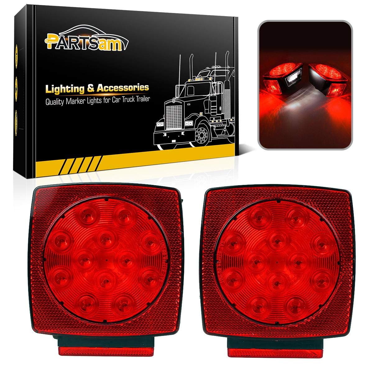 Partsam front face square trailer light showing clear lens and LEDs for improved visibility