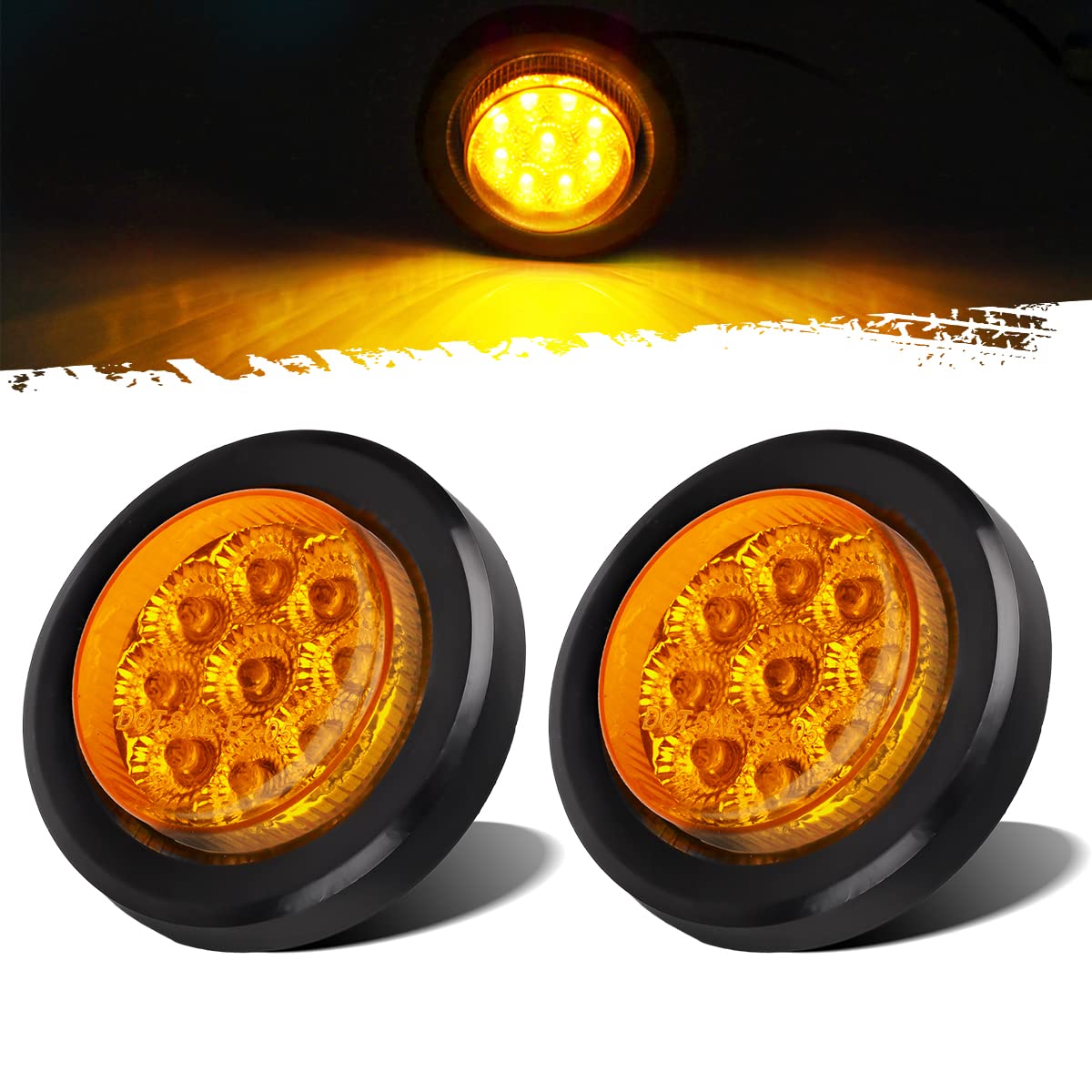 Partsam front view of 2-inch amber LED marker showing bright beam advantage