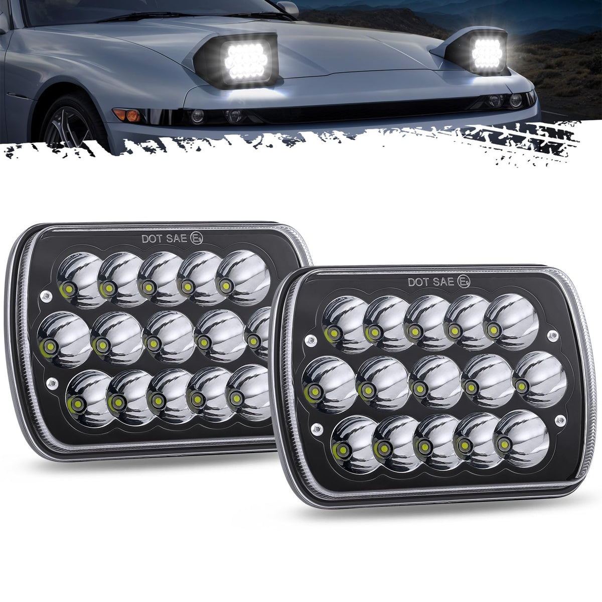 Partsam front view 7x6 headlight showing bright lens and upgraded appearance