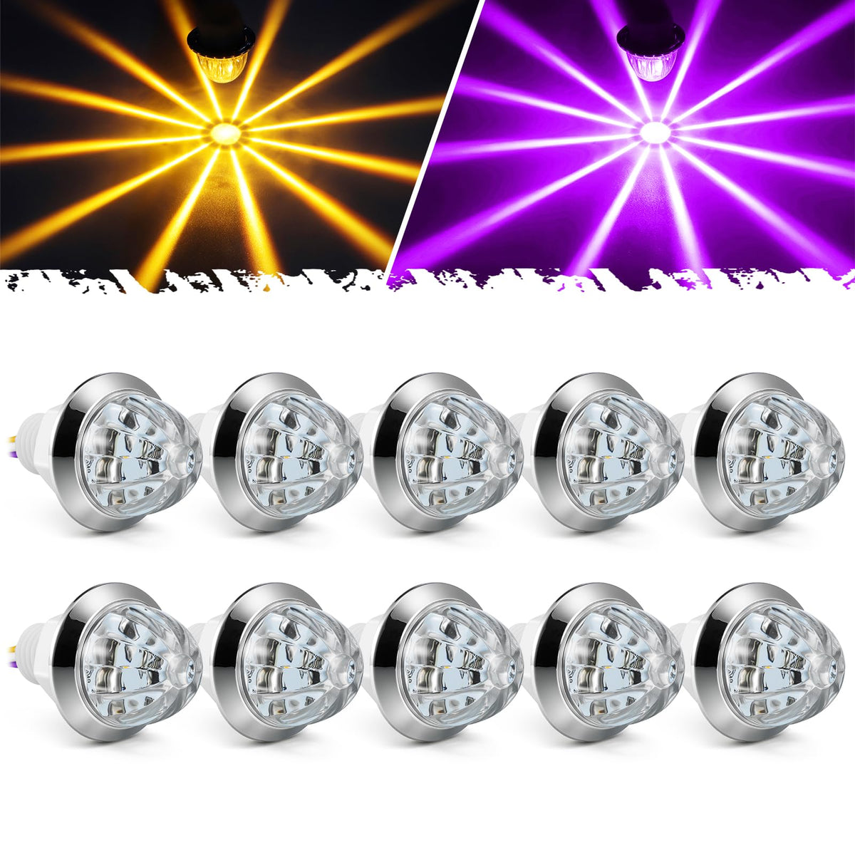 Partsam front view showing dual-color amber and purple LEDs for clear signaling
