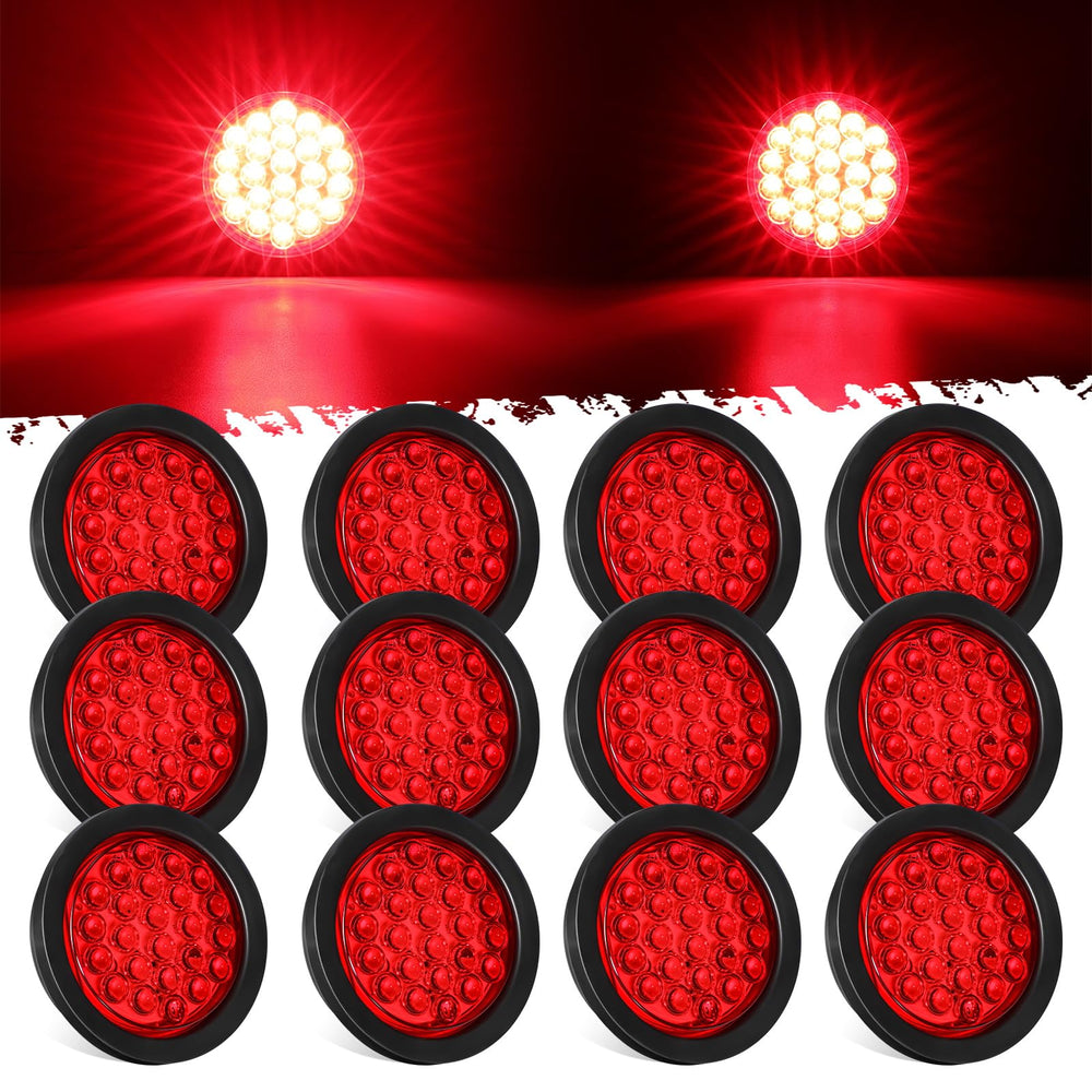 Partsam front view of round LED tail light showing bright red lens and visibility