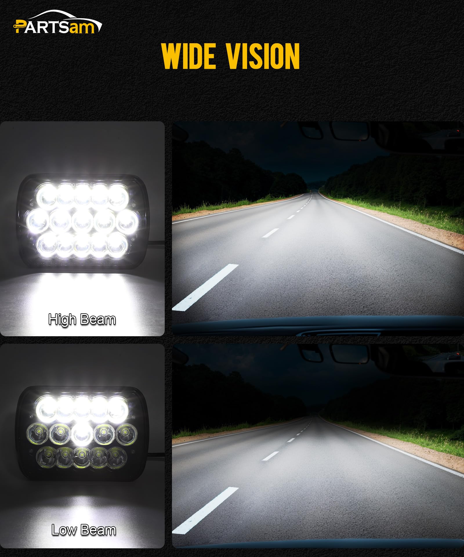 Partsam installed in vehicle showing crisp beam pattern and improved visibility