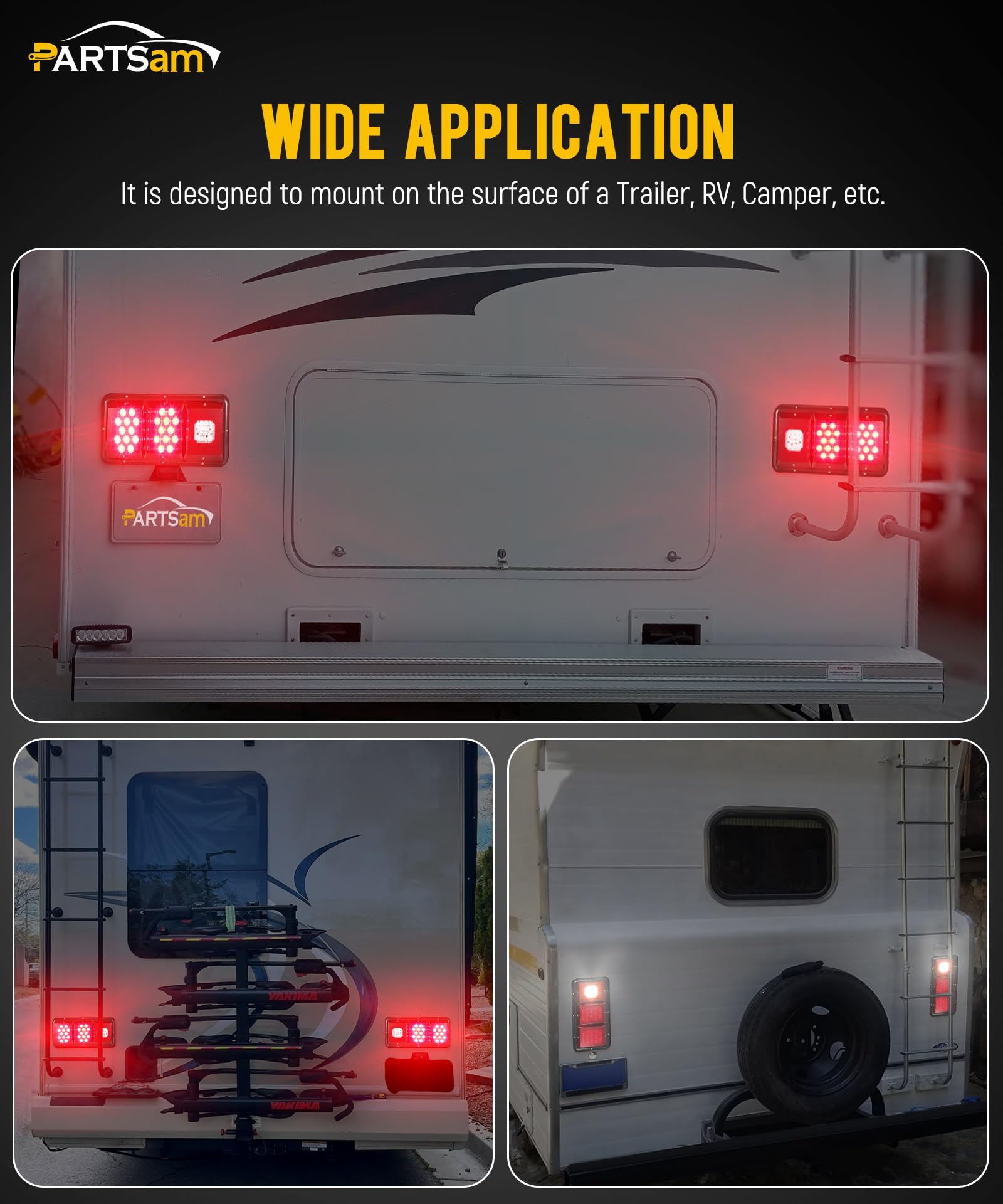 Partsam mounted vertically on RV demonstrating flexible fit and bright signals
