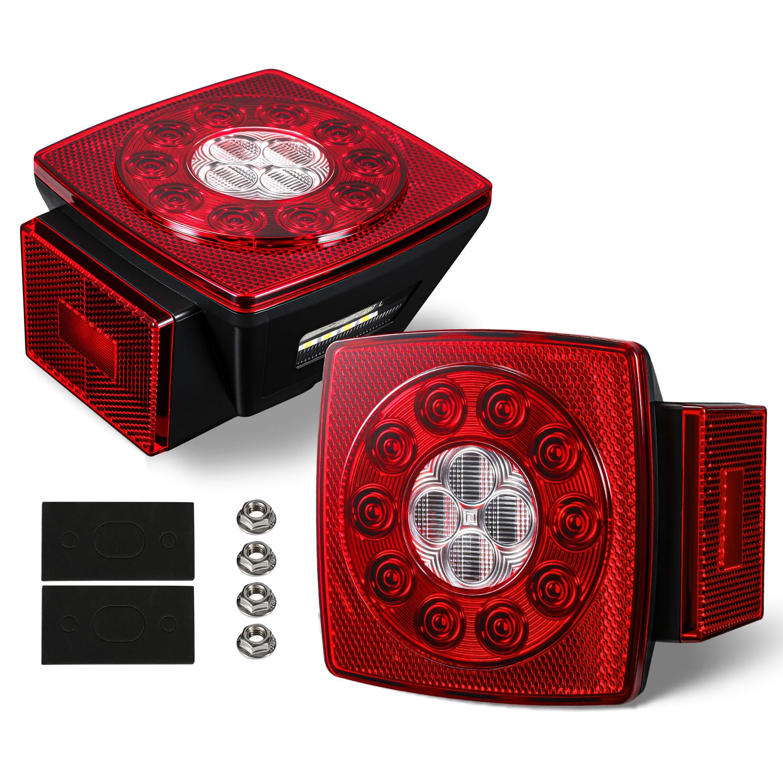 Partsam front view of square LED trailer light showing clear lens and red LEDs for visibility