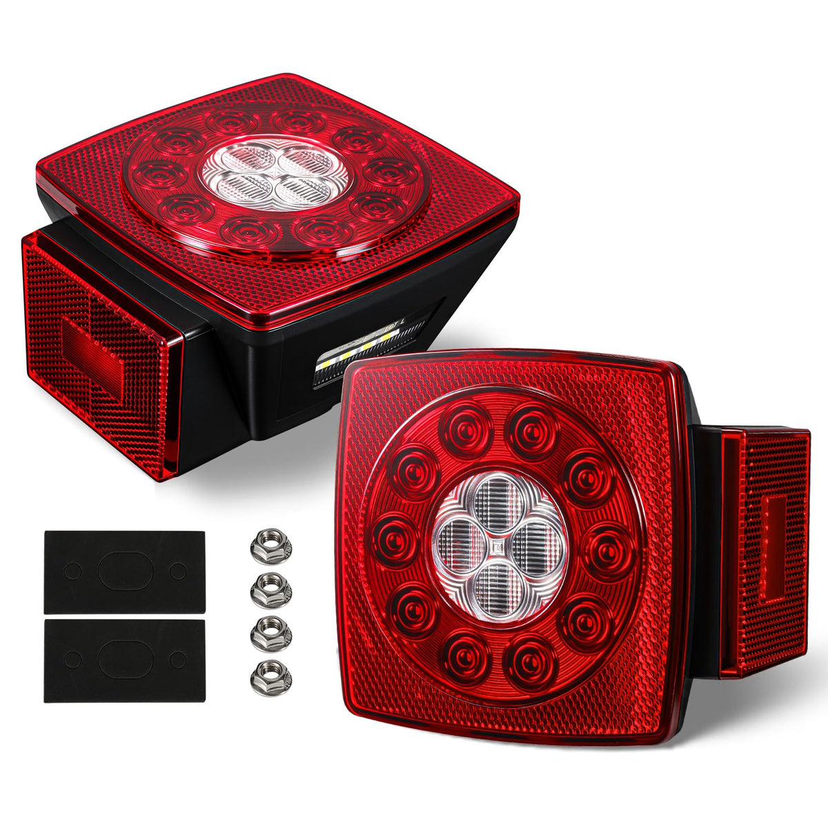 Partsam front view of square LED trailer light showing clear lens and red LEDs for visibility