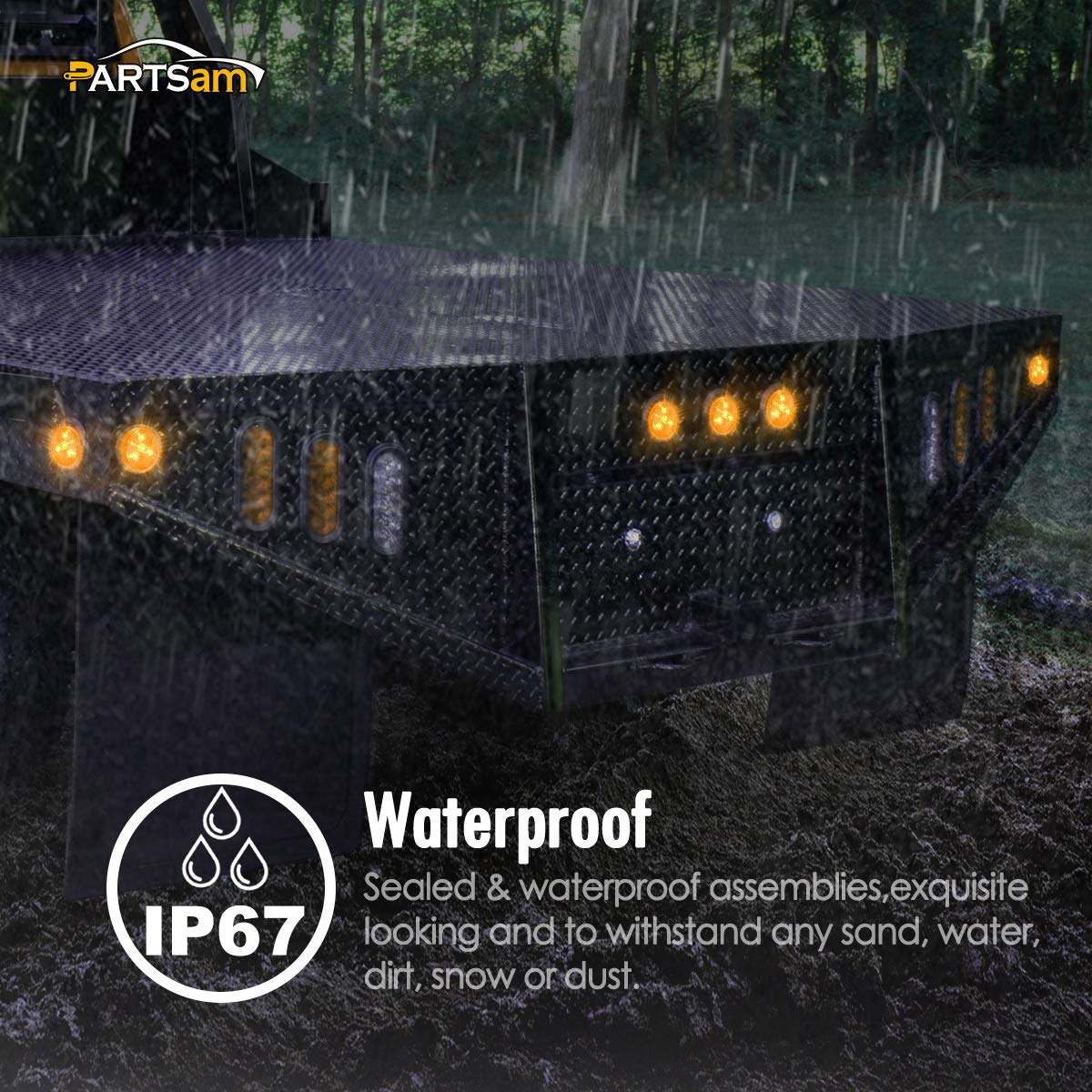 Partsam water splashing on light demonstrating IP67 waterproof protection