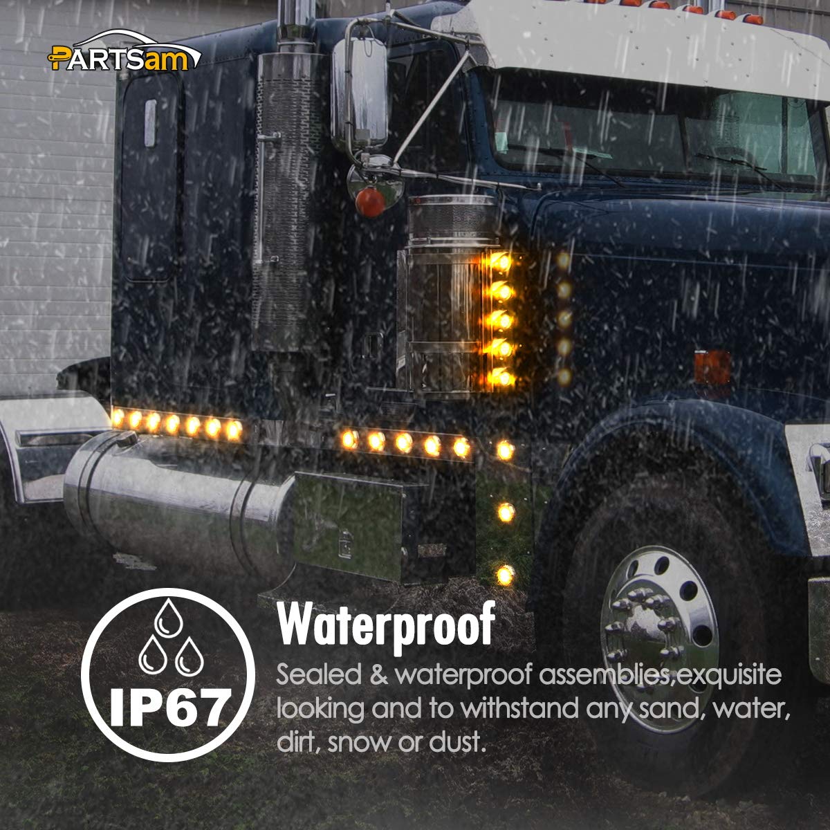Partsam in wet road-spray scene illustrating IP65 weather resistance