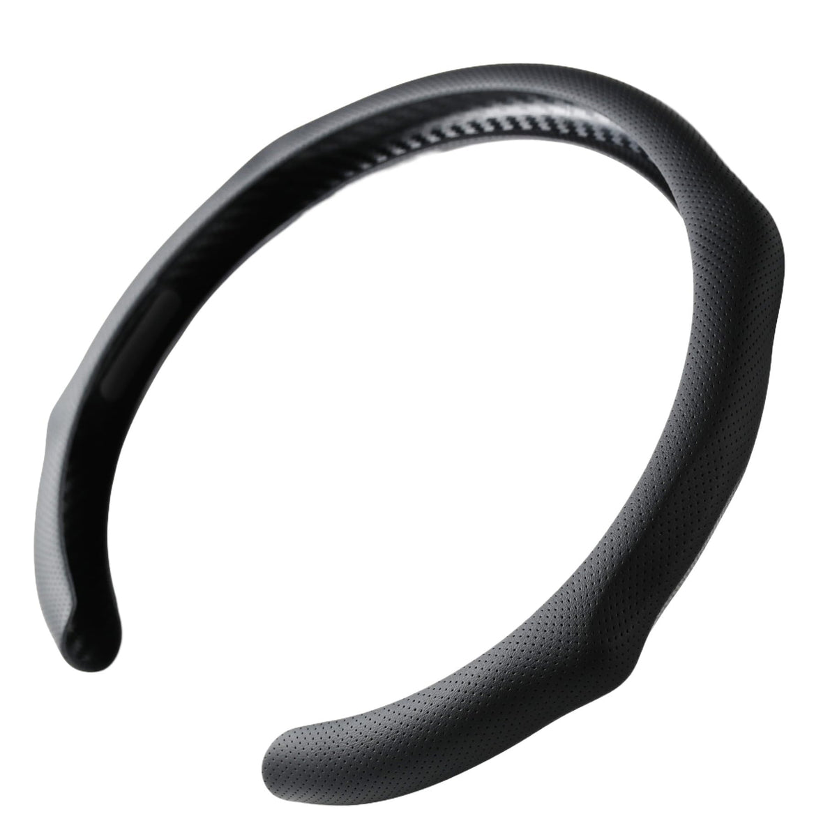 PartsTo front view of steering wheel cover showing sporty black finish and snug fit benefit