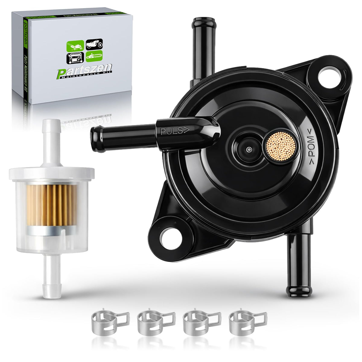partszen fuel pump front view showing mounting holes and easy fit benefits