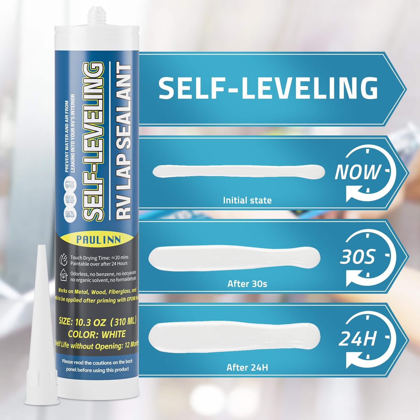 PAULINN sealant curing on fiberglass roof with flexible, UV-resistant finish