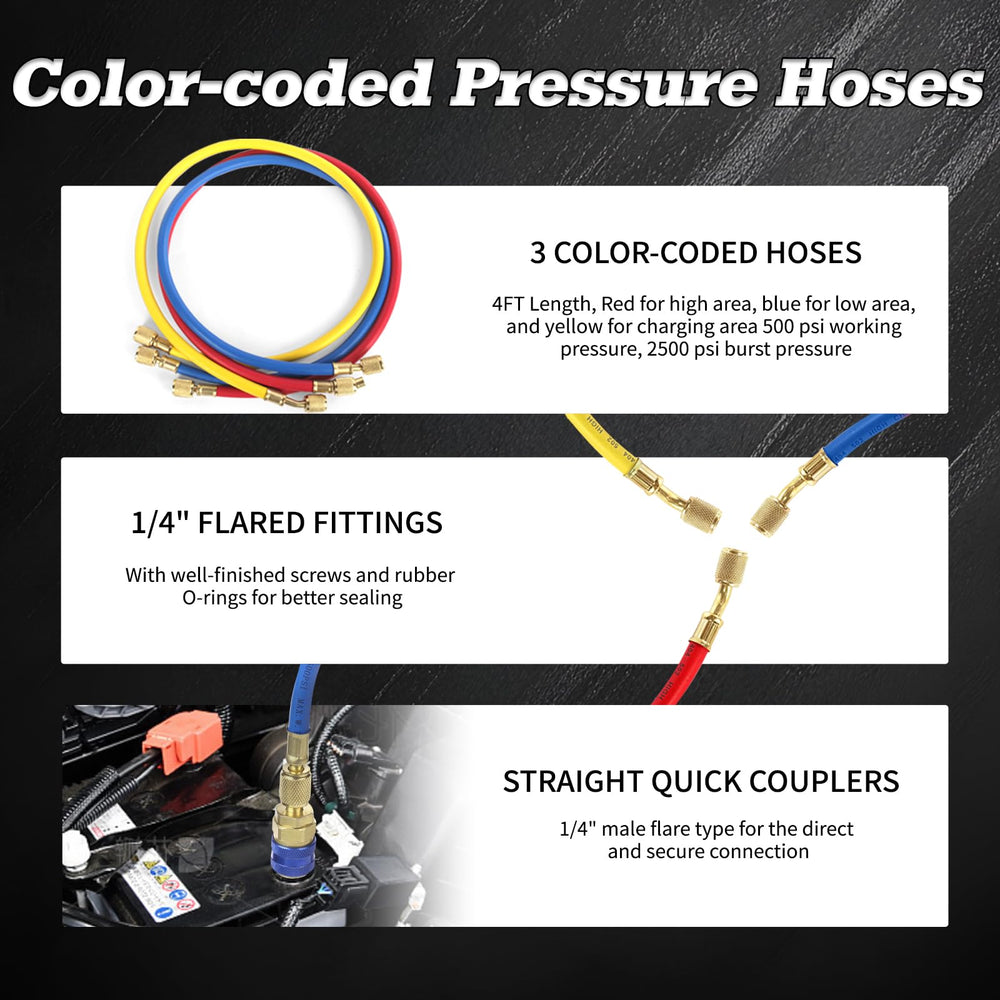 PB Motor Tech three color-coded hoses and quick couplers arranged for fast service connections