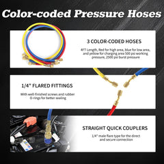 PB Motor Tech three color-coded hoses and quick couplers arranged for fast service connections