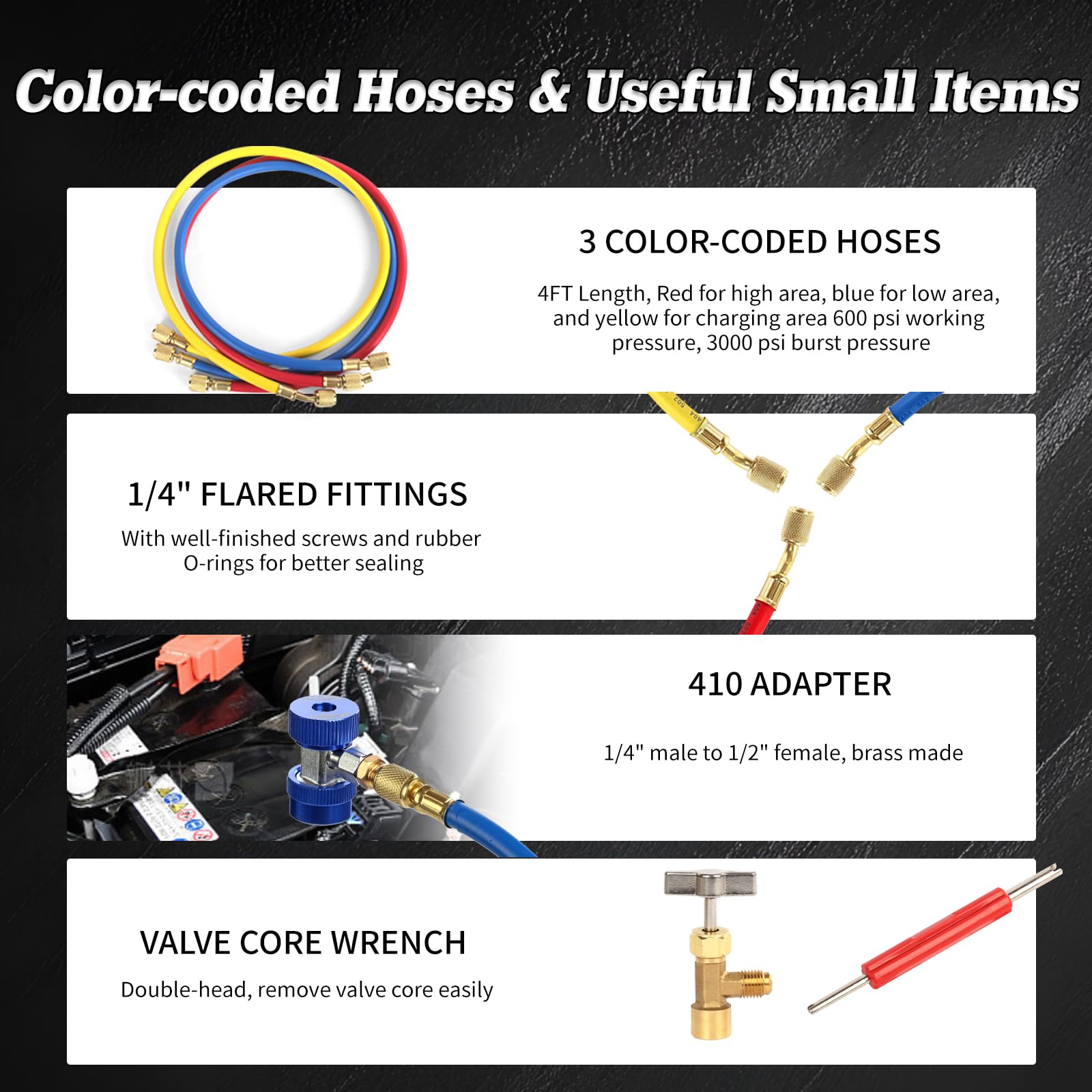 PB Motor Tech BMT three color-coded hoses and metal couplers organized for fast connections