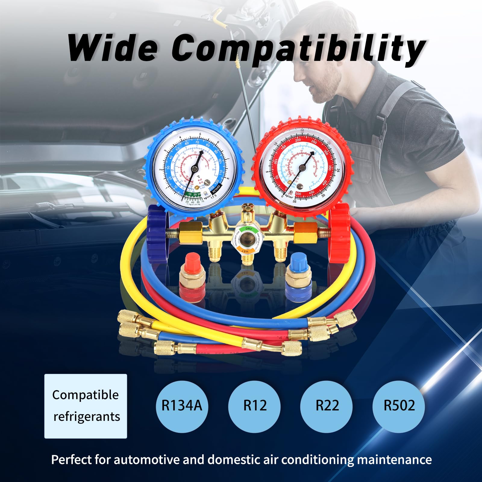 PB Motor Tech manifold in use on a car AC system offering portable professional-grade diagnostics