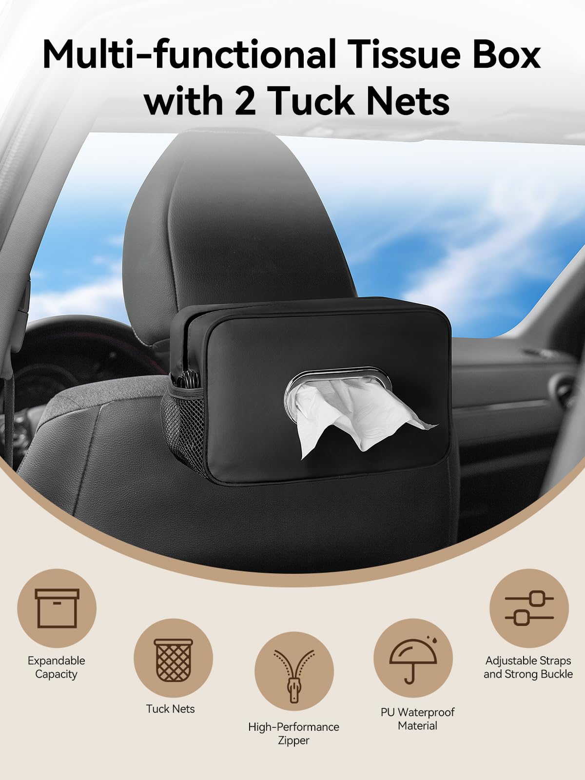 Pcnjozx installed on a car headrest keeping tissues secure and within reach