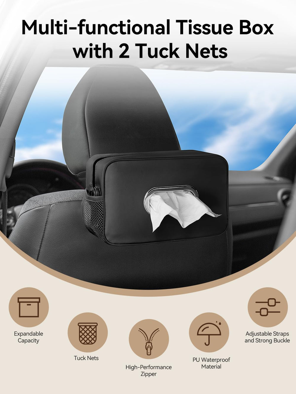 Pcnjozx installed on a car headrest keeping tissues secure and within reach
