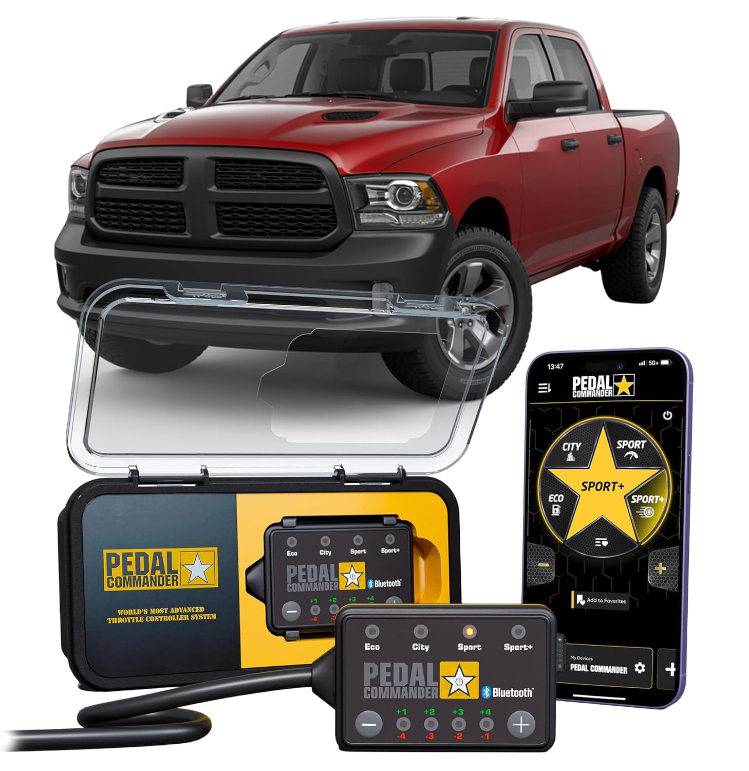 PEDAL COMMANDER front view showing compact throttle controller and easy installation benefit