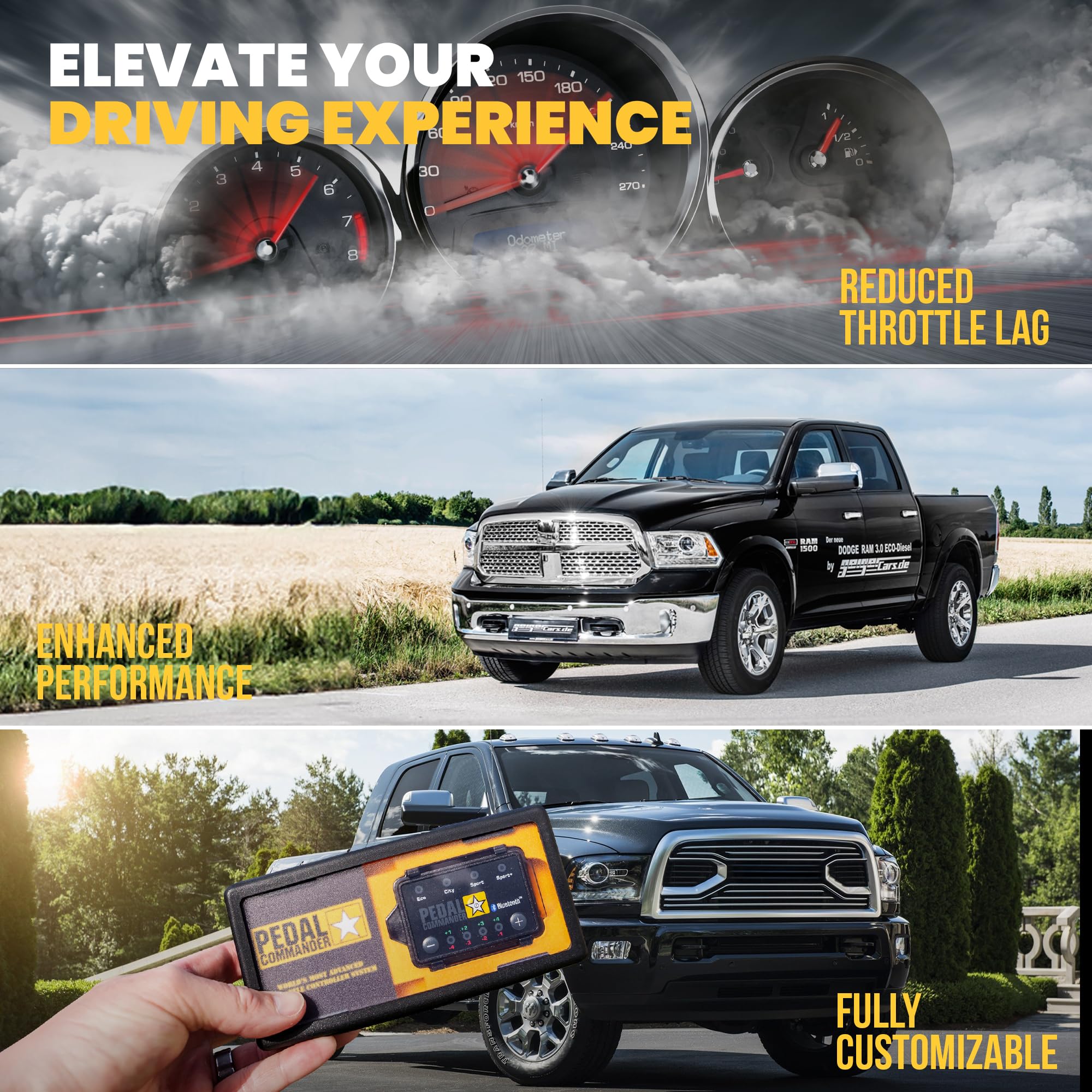PEDAL COMMANDER on lifted Dodge Ram illustrating compatibility with off-road upgrades