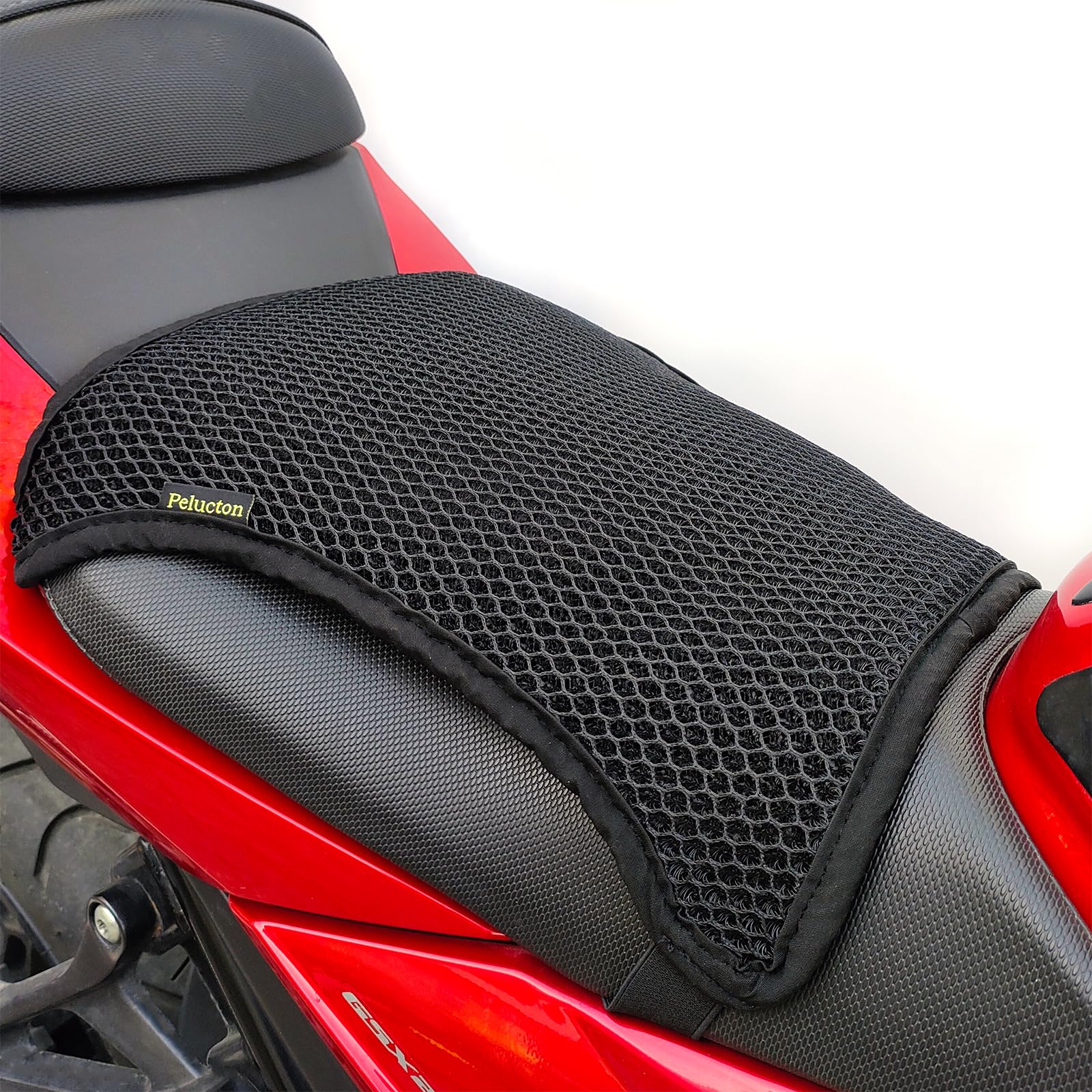 Pelucton front view of seat cover showing fit and breathable benefit