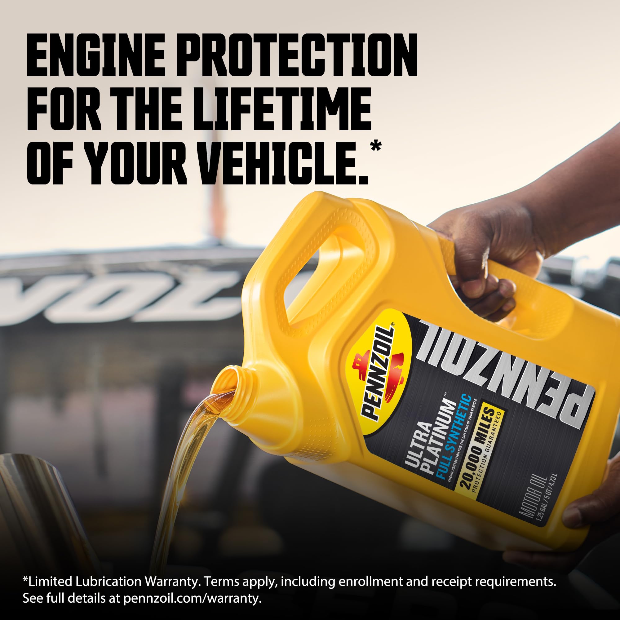 Pouring Pennzoil Ultra Platinum into an engine to show brand helping maintain engine health