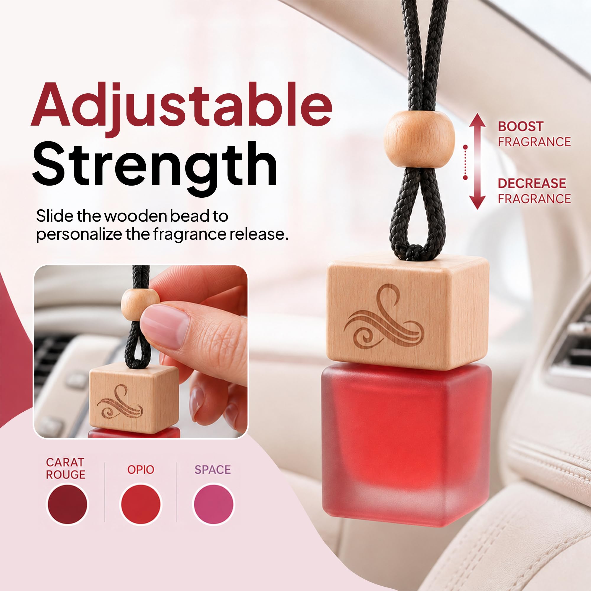 Perfa hanging diffuser on rearview mirror offering subtle ambient scent benefit
