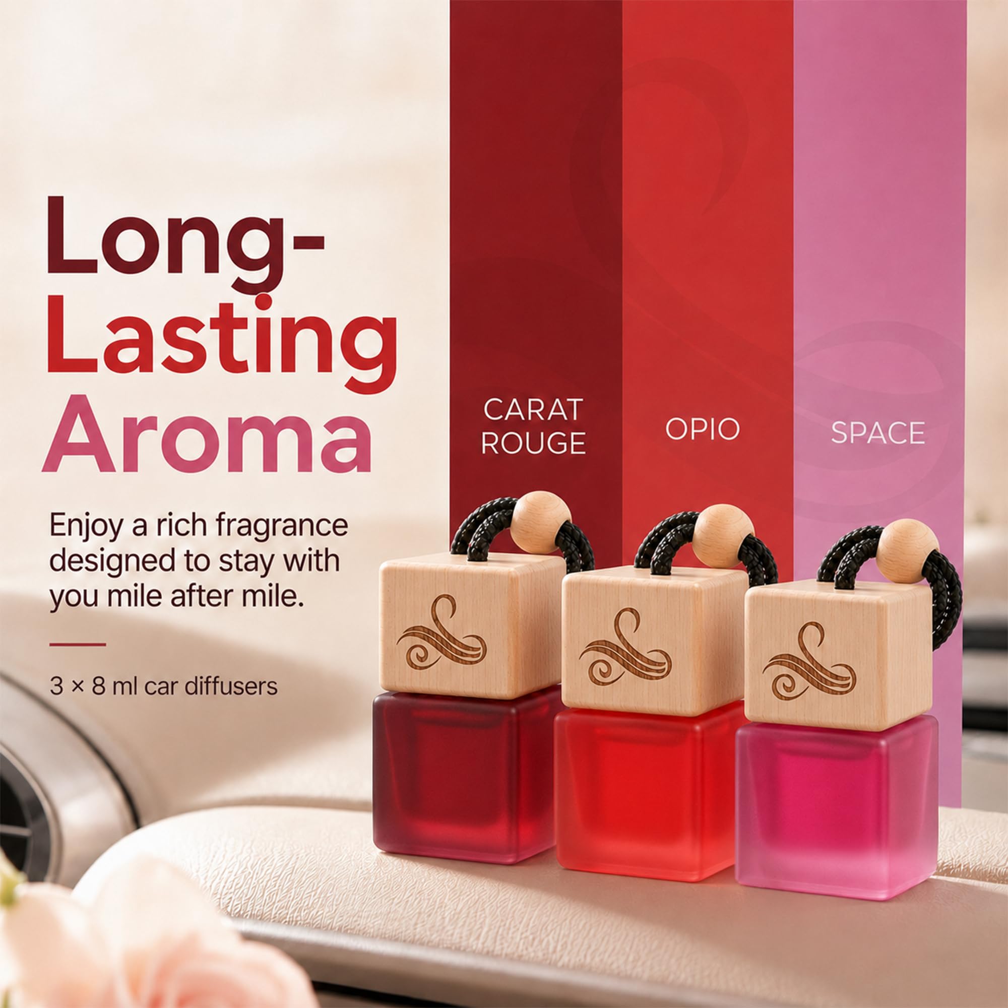 Perfa labeled bottles Opio Carat Space highlighting scent variety benefit