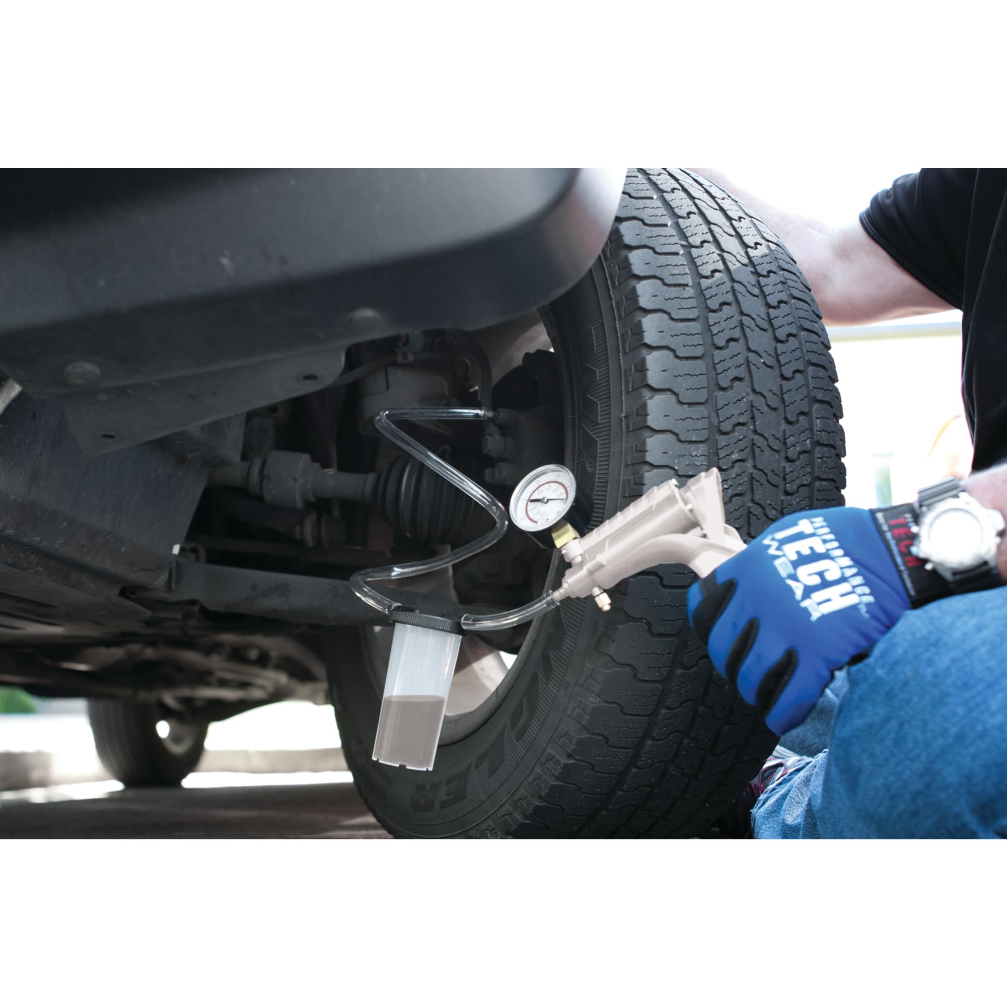 Performance Tool brake bleeder adapters arranged for one-person bleeding convenience
