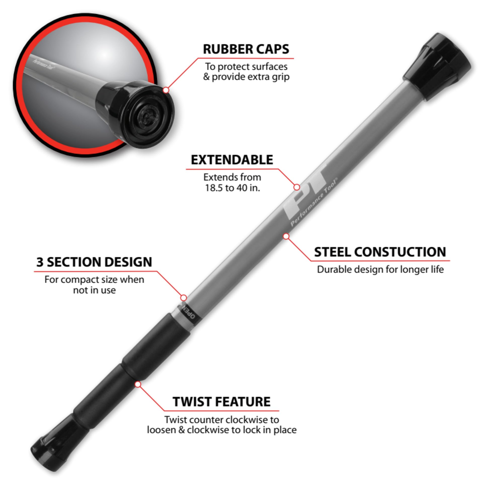 Performance Tool extended length demonstrating reach up to 40 inches for versatility
