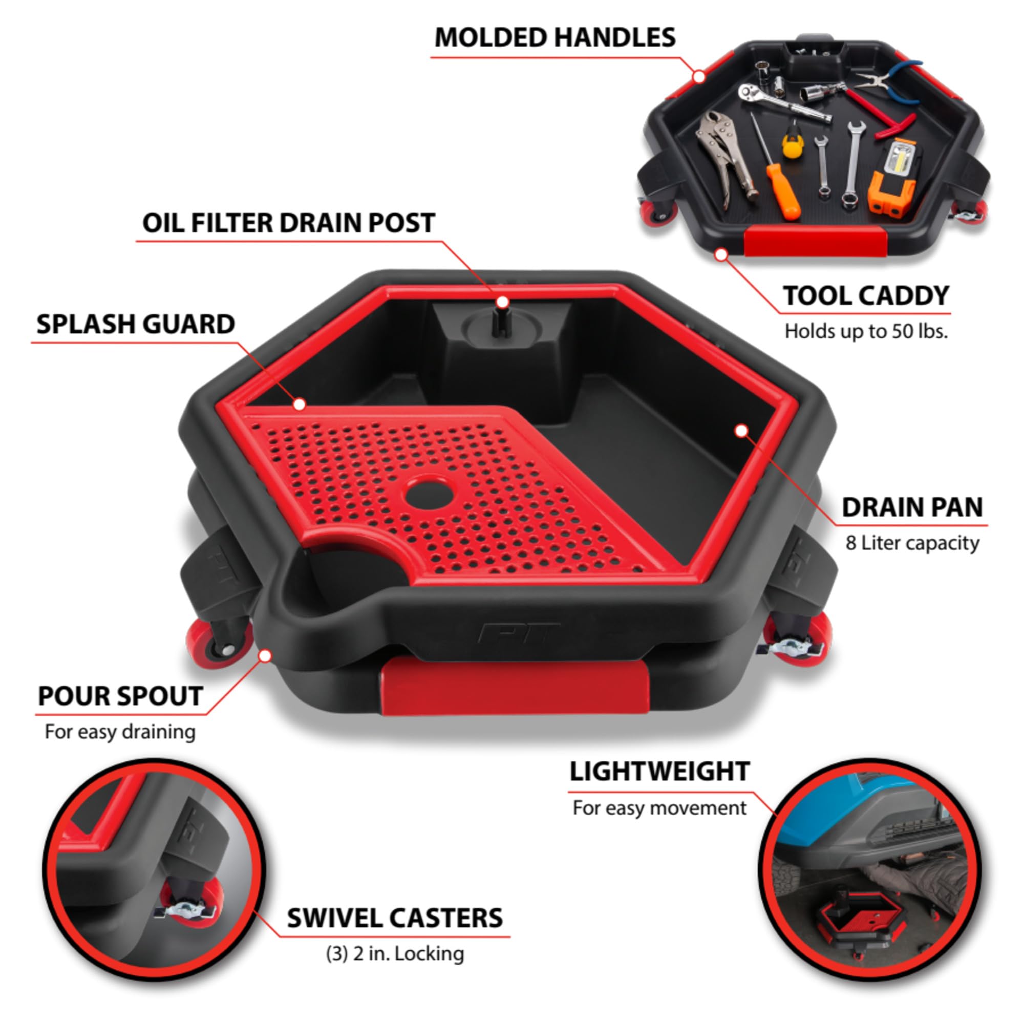 Performance Tool top view of 8-liter drain pan highlighting capacity