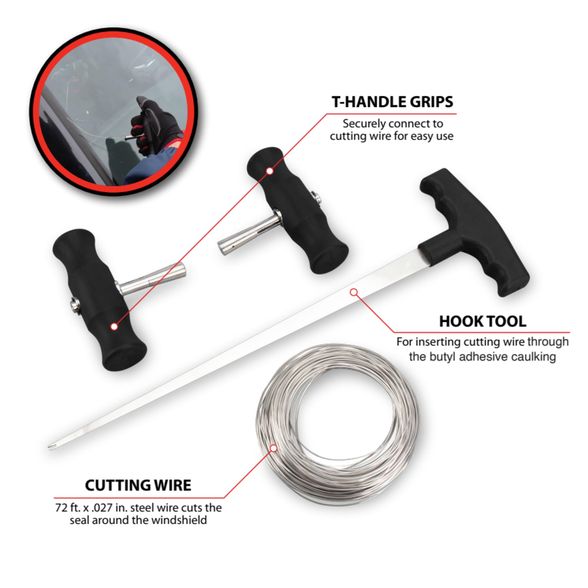 Performance Tool close-up of kit components showing T-handles, hook tool and coiled braided wire for clear inventory