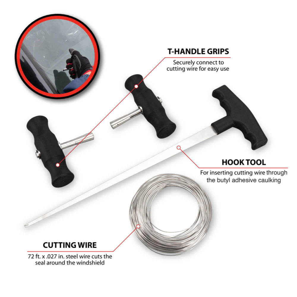 Performance Tool close-up of kit components showing T-handles, hook tool and coiled braided wire for clear inventory