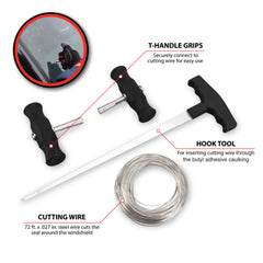 Performance Tool close-up of kit components showing T-handles, hook tool and coiled braided wire for clear inventory