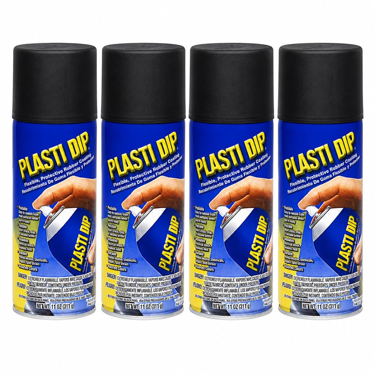 Performix Plasti Dip front packaging showing four black 11 oz aerosol cans and label benefits