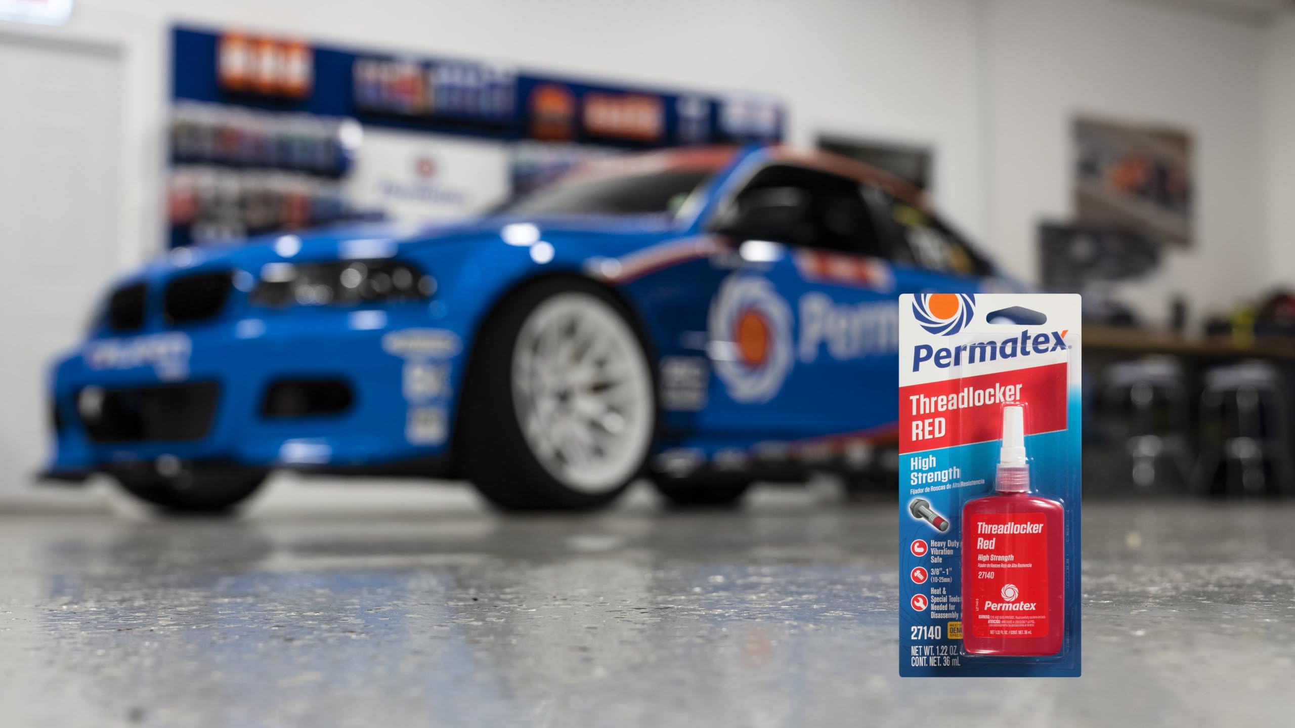 Permatex 27140 next to a hand to show 36 ml bottle compact size