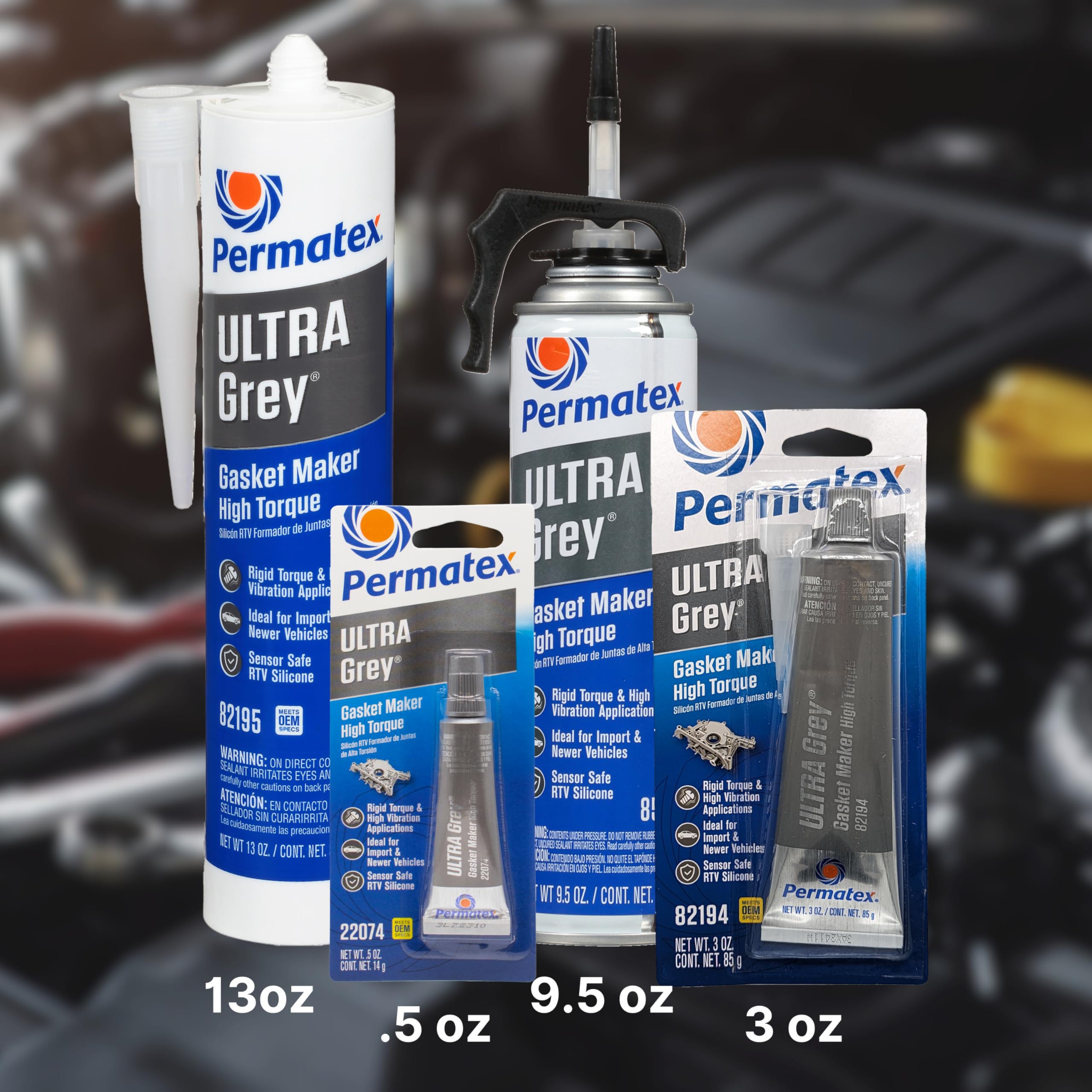 Permatex Ultra Grey 13 oz next to a ruler for size and scale reference