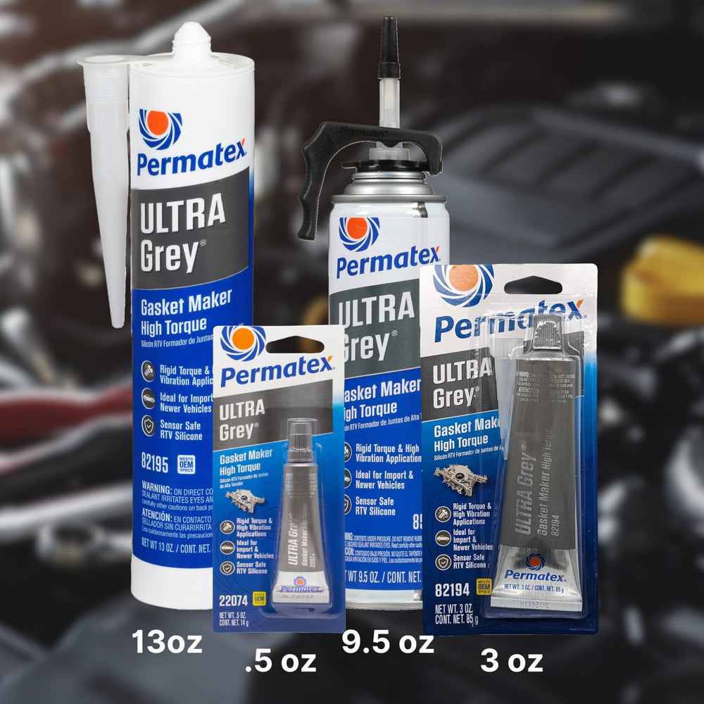 Permatex Ultra Grey 13 oz next to a ruler for size and scale reference