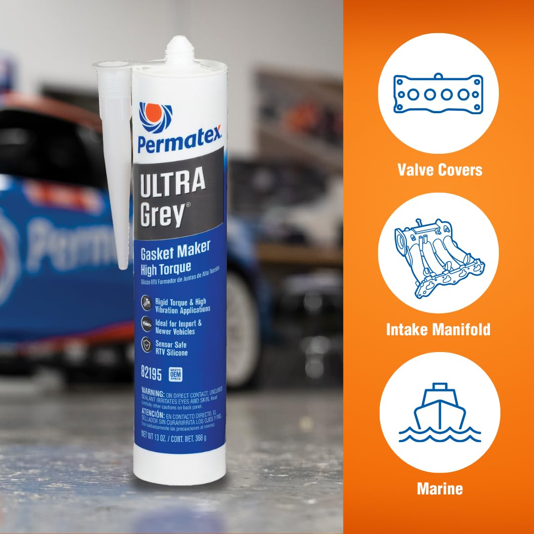 Permatex Ultra Grey label showing temperature range and oil resistance