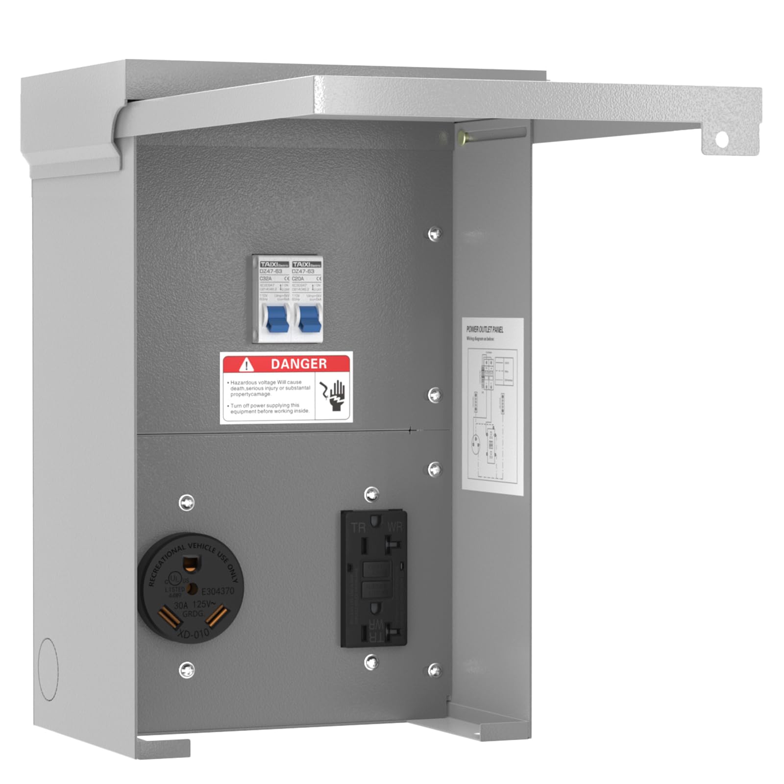 Perpending front view of outdoor RV panel showing dual outlets and weatherproof cover for safe use