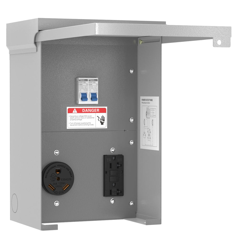 Perpending front view of outdoor RV panel showing dual outlets and weatherproof cover for safe use