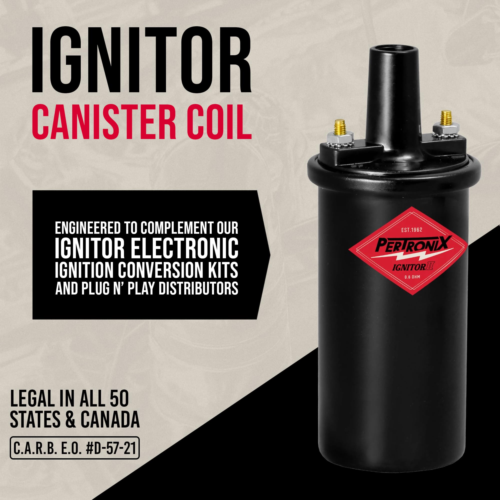 PerTronix coil beside a ruler showing compact size for easy fitment and replacement