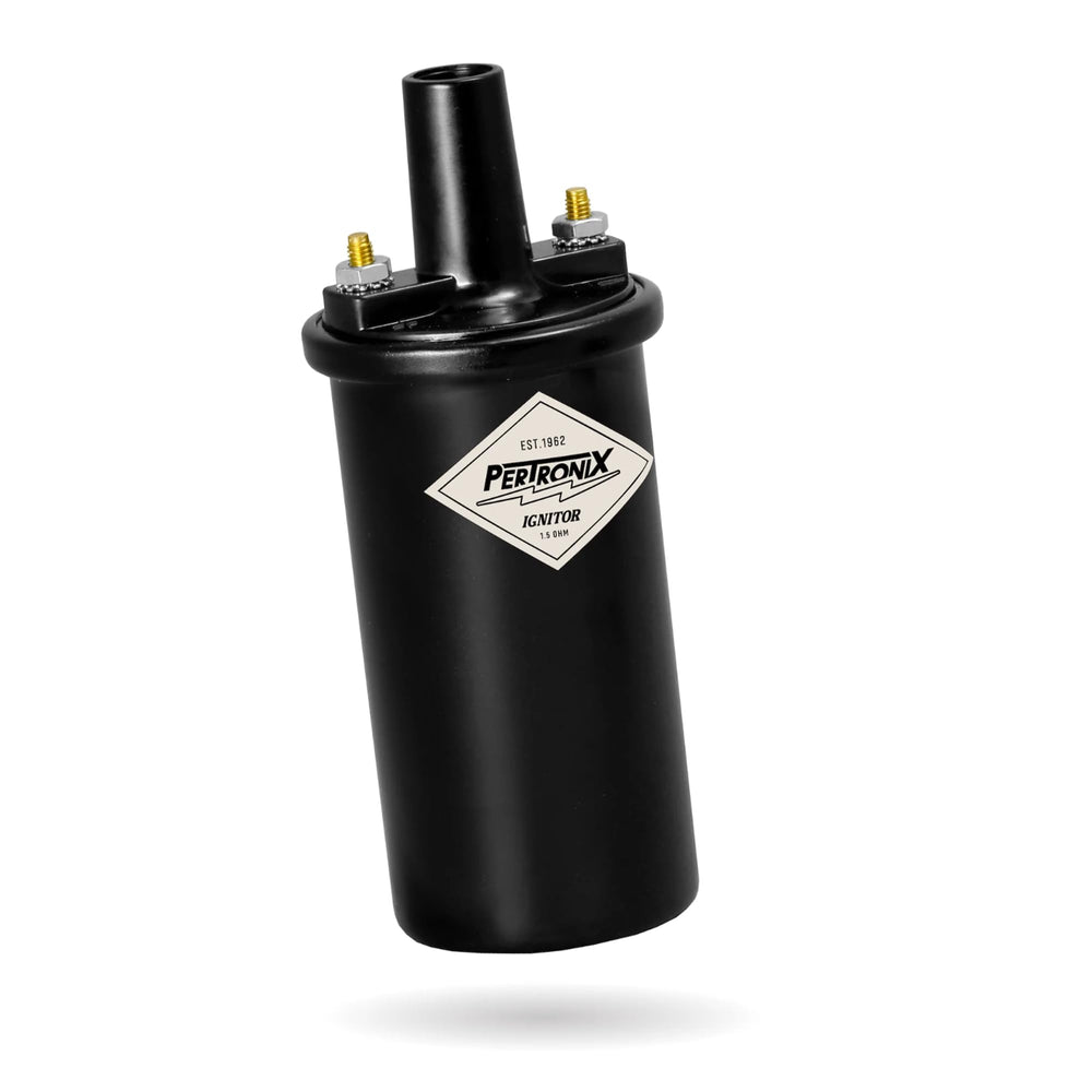 PerTronix front view of coil showing black canister and label for reliable spark