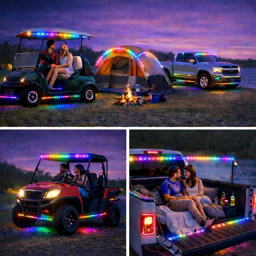 Phosfera lights on boat and tent creating vibrant evening atmosphere