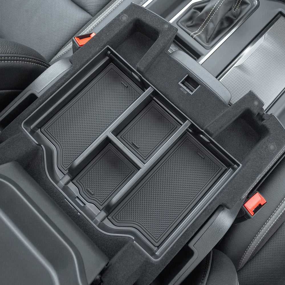 PIMCAR front view of black console tray showing organized compartments and quick benefit