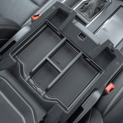 PIMCAR front view of black console tray showing organized compartments and quick benefit