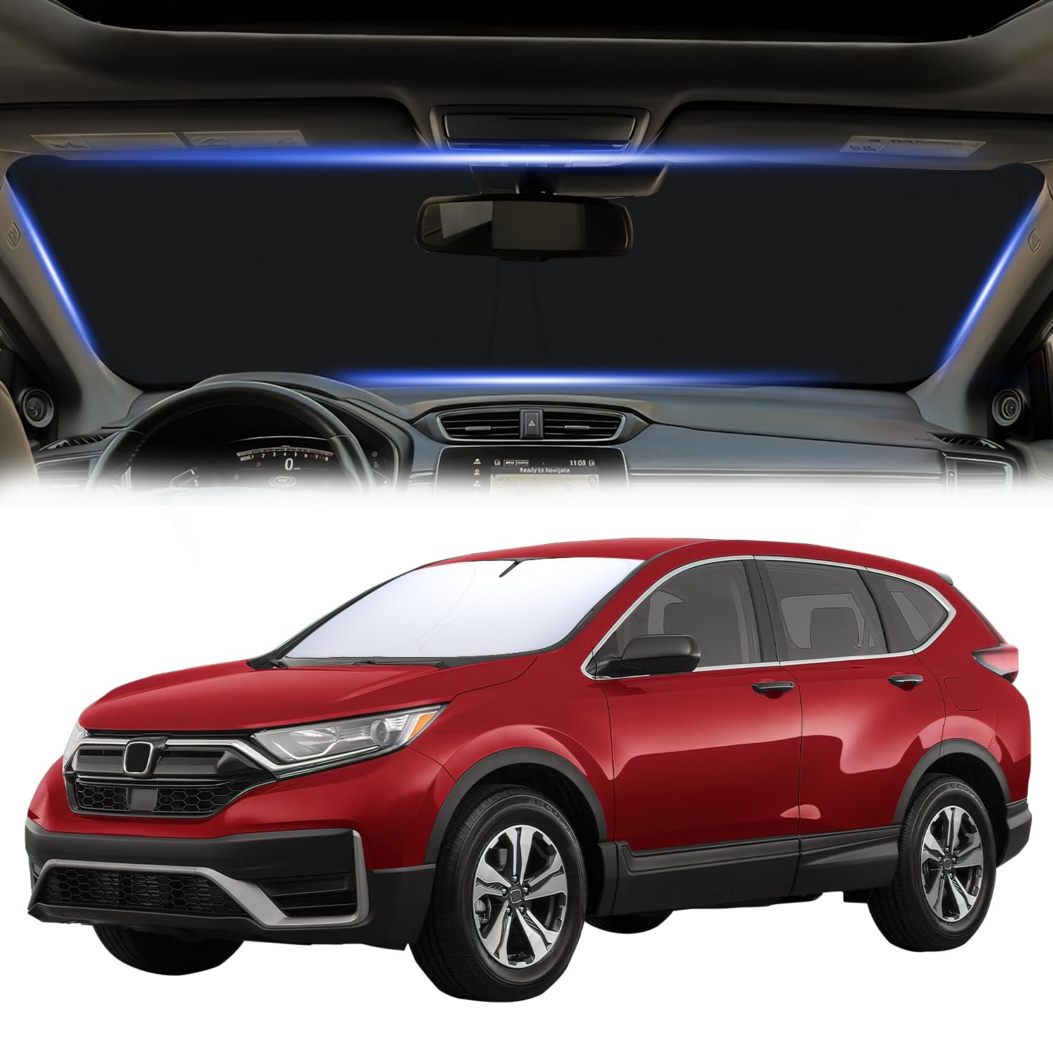 PIMCAR front view installed on CR-V showing full windshield coverage and cooling benefit